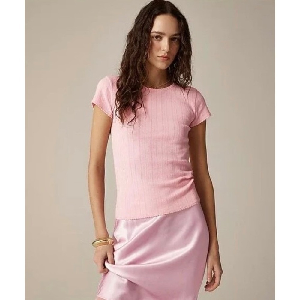 NWT! J. CREW Pointelle Short Sleeve T-Shirt Top Solid Pink Knit XXS XX-Small